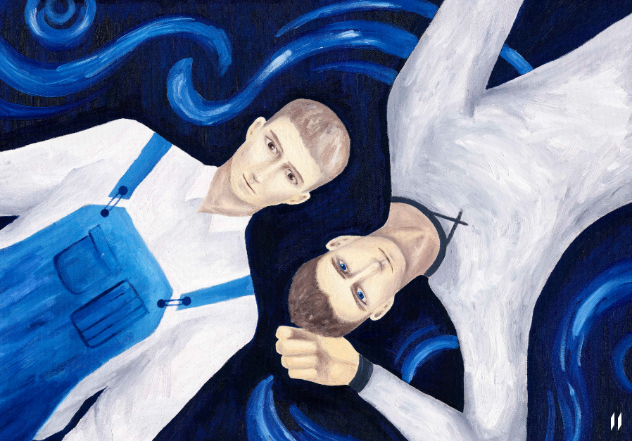 Painting of Painter & Astronaut. Oil on canvas, 65 x 45 cm.